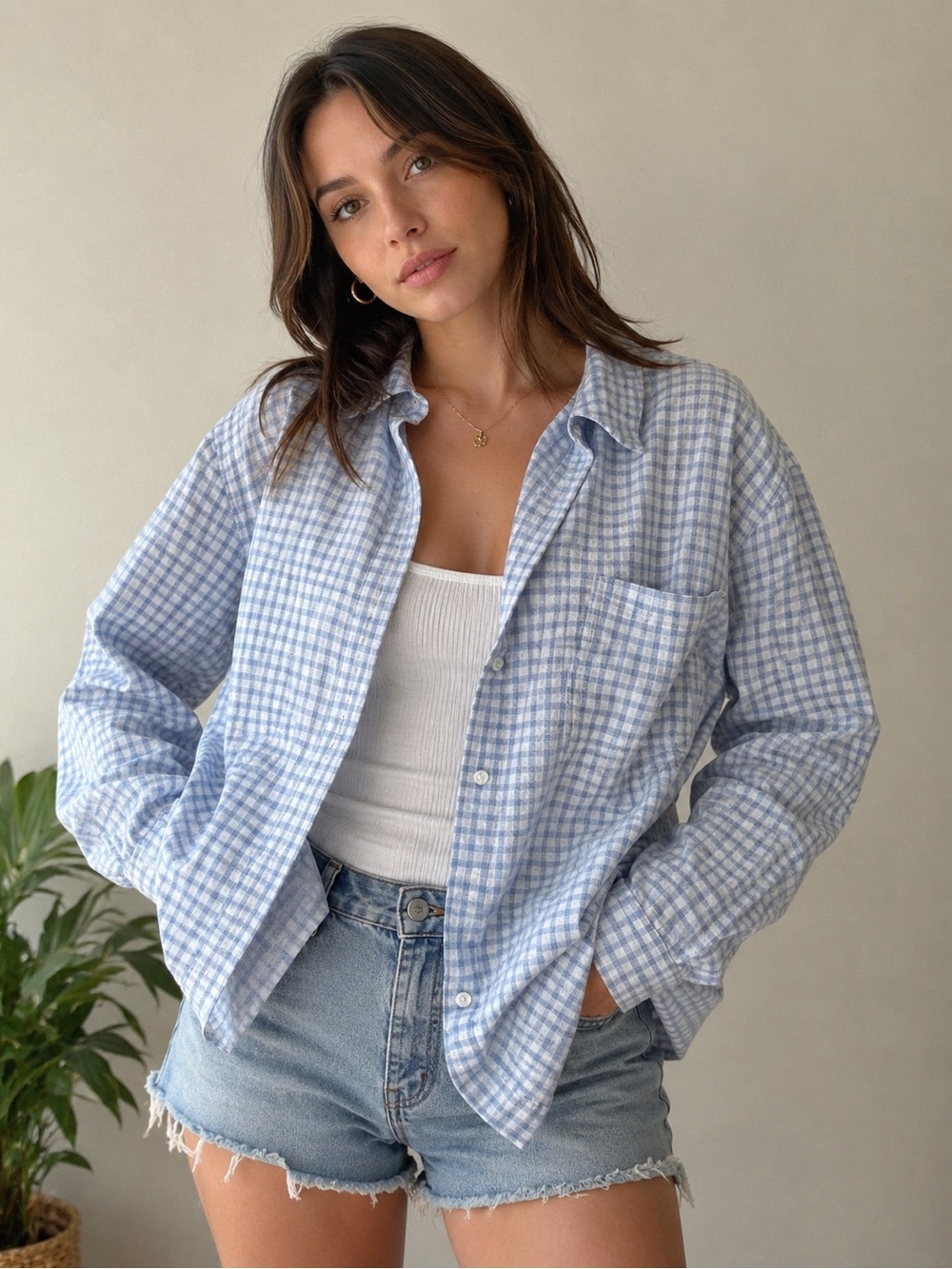 Light Blue Plaid Long-Sleeve Shirt - Men's Casual Button-Up